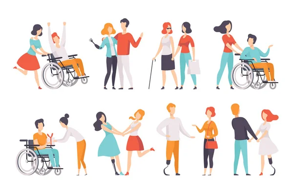 Mensen met een handicap hebben een goede tijd met hun vrienden ingesteld, gehandicapte persoon die geniet van de volledige levenscyclus vector illustraties op een witte achtergrond — Stockvector