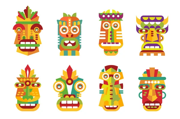 Set de masques ethniques, masques tribaux indiens ou africains colorés vectoriels Illustrations sur fond blanc — Image vectorielle