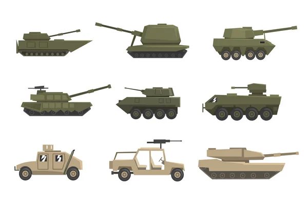 Armored army vehicles set, military heavy, special transport vector Illustrations on a white background — Stock Vector