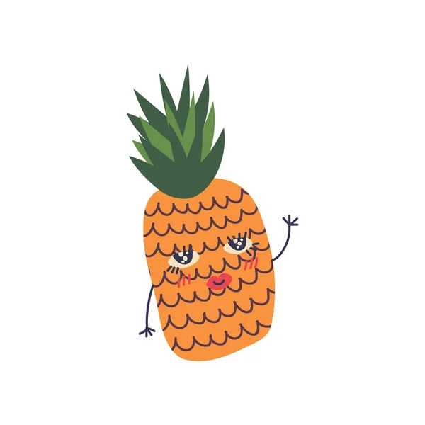 Ładny dojrzały ananas z Funny twarz, słodki adorable owoce kreskówka wektor ilustracja — Wektor stockowy
