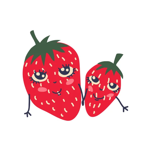 Cute Couple of Ripe Strawberries with Smiling Faces, Adorable Funny Fruits Cartoon Characters Vector Illustration — Stock Vector
