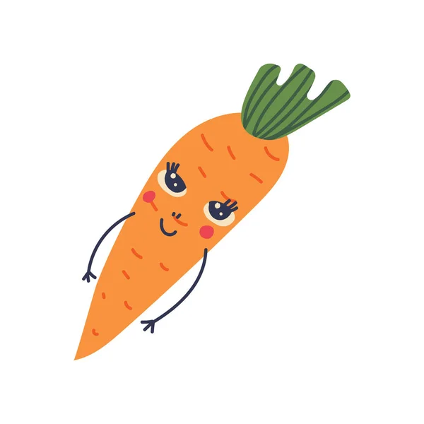 Bonita zanahoria con la cara sonriente, Adorable Divertido Vegetal Carácter de dibujos animados Vector Ilustración — Vector de stock