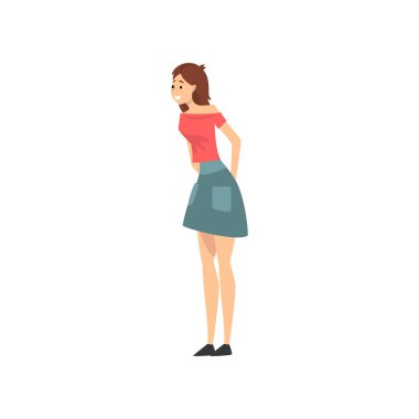 Gülümseyen Kız Kırmızı T-shirt ve Mavi Etek Vektör İllüstrasyon giyen