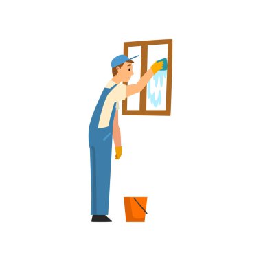 Temizlikçi Yıkama Penceresi, Üniforma lı ve Lastik Eldivengiymiş Erkek İşçi Karakteri, Temizlik Hizmeti Vektör İllüstrasyonu