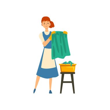 Temizlikçi Kadın Asmak Temiz Islak Giysiler Kuru, Maid Karakter Mavi Elbise ve Beyaz Önlük ile Üniforma Giyen, Temizlik Servisi Vektör İllüstrasyon