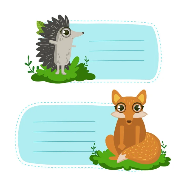 Set of Lined Cards, Notes, Tags, Stickers or Labels with Cute Hedgehog and Fox Animals Vector Illustration — Stock Vector