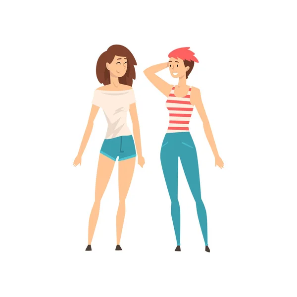 Dwie piękne dziewczyny ubrane w casual ubrania stojące razem, najlepsi przyjaciele, Kobieta przyjaźń Koncepcja Vector ilustracja — Wektor stockowy
