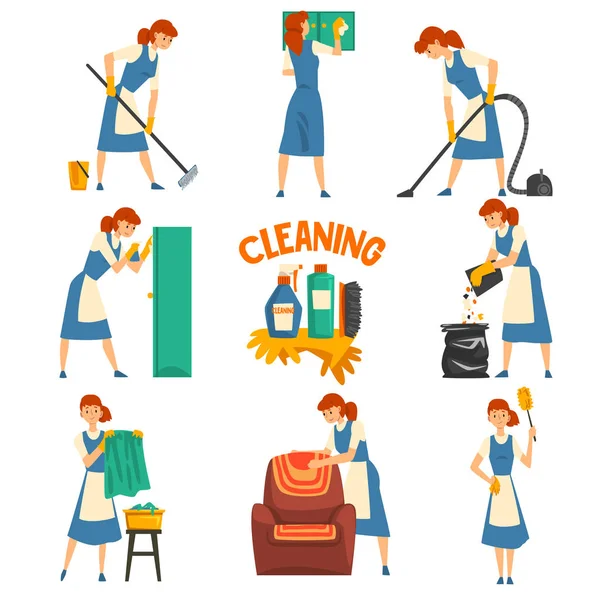 Young Woman Cleaning and Washing Set, Cleaning Lady Character Wearing Uniform with Blue Dress and White Apron, Cleaning Service Vector Illustration — Stock Vector