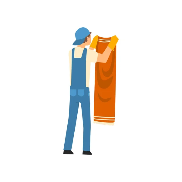 Putzmann, der saubere nasse Kleidung aufhängt, männliche Arbeiterfigur in Uniform und Gummihandschuhen, Putzdienst-Vektor-Illustration — Stockvektor