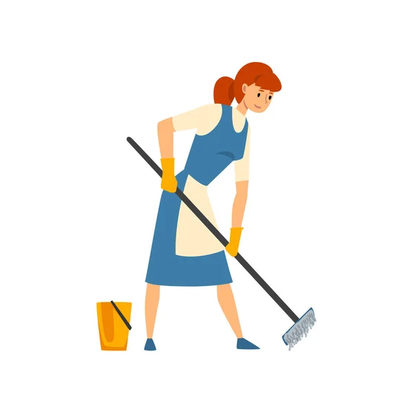 Καθαρισμός γυναίκα σφουγγαρίζει το πάτωμα, υπηρέτρια χαρακτήρας φορώντας στολή με μπλε φόρεμα και λευκή ποδιά, καθαρισμός υπηρεσία εικόνα διάνυσμα — Διανυσματικό Αρχείο