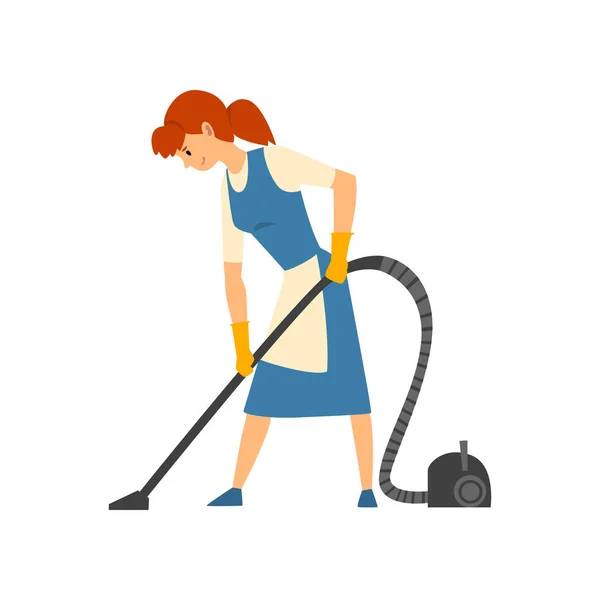 Cleaning Woman Vacuuming Floor, Maid Character Wearing Uniform with Blue Dress and White Apron, Cleaning Service Vector Illustration - Stok Vektor