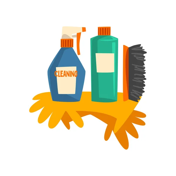 Οικιακά προϊόντα καθαρισμού, μπουκάλια απορρυπαντικού και ελαστικά γάντια διανυσματική απεικόνιση — Διανυσματικό Αρχείο