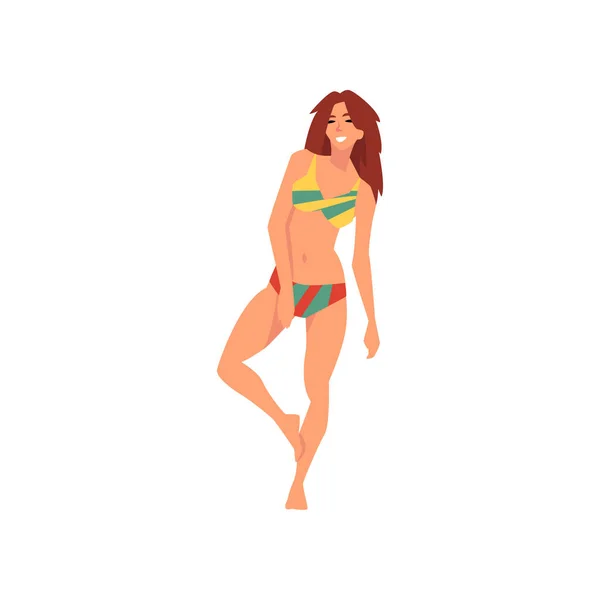 Hermosa chica sonriente en traje de baño, mujer joven que usa traje de baño de color, ilustración vectorial de moda de verano — Vector de stock