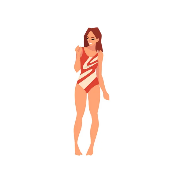 Leende flicka i baddräkt, vacker ung kvinna klädd i färg baddräkt njuter sommarsemester vektor illustration — Stock vektor