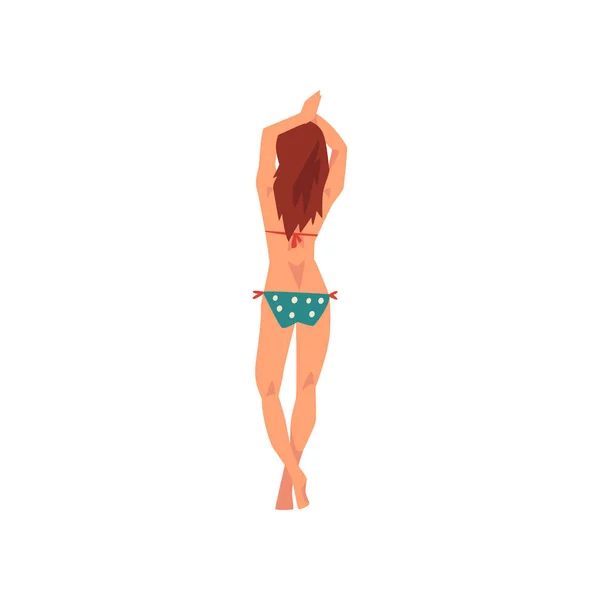 Beautiful Girl in Swimsuit, Young Woman Wearing Color Bathing Suit Back View, Summer Fashion Vector Illustration — Stock Vector