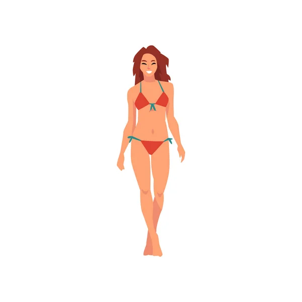 Gyönyörű mosolygó lány piros bikini, fiatal nő viselése fürdőruha, nyári divat Vector illusztráció — Stock Vector
