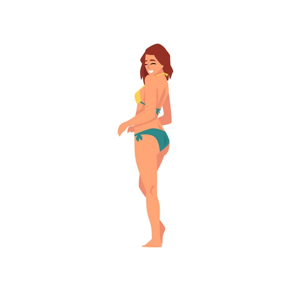 Menina sorridente em biquíni, bela jovem mulher vestindo roupa de banho de cor, Summer Fashion Vector Ilustração —  Vetores de Stock