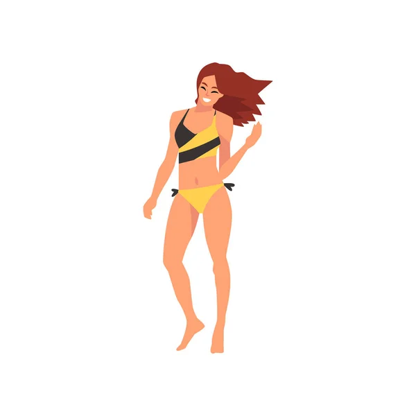 Mooi glimlachend meisje in badpak, jonge vrouw dragen geel en zwart badpak, zomer mode vector illustratie — Stockvector