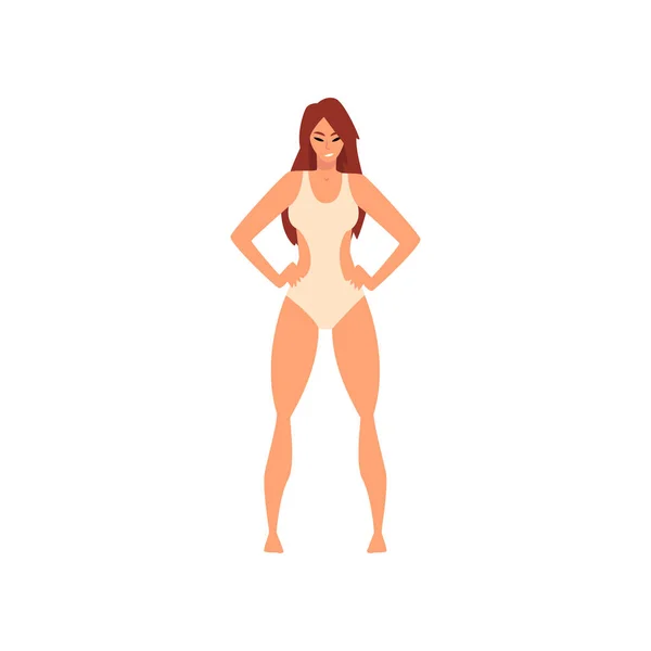 Belle fille souriante en maillot de bain blanc, jeune femme portant un maillot de bain debout avec les mains sur sa taille Illustration vectorielle — Image vectorielle