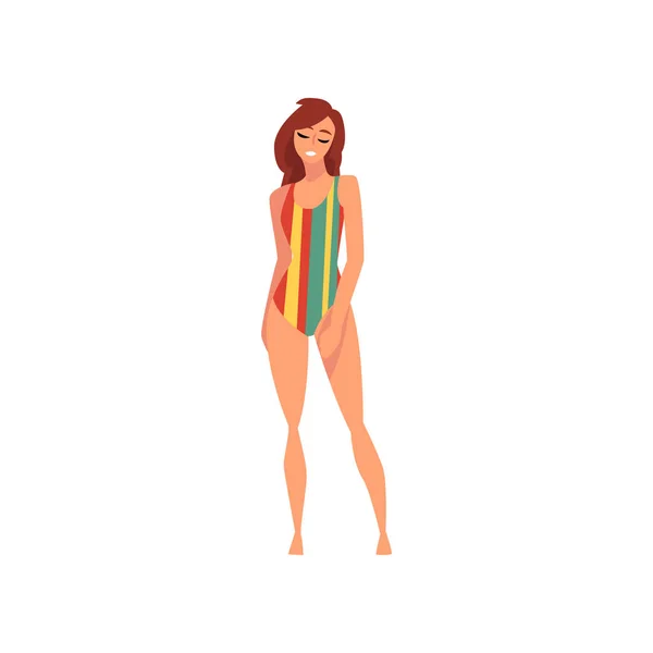 Vacker leende flicka i Randig Baddräkt, ung kvinna klädd i färg baddräkt njuter sommarsemester vektor illustration — Stock vektor