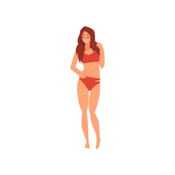 Mooi meisje in rode zwempak, jonge vrouw met lang haar dragen kleur badpak, zomer mode vector illustratie — Stockvector