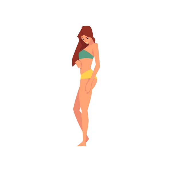 Vacker flicka i baddräkt, ung kvinna med långt hår klädd färg baddräkt, sommar mode vektor illustration — Stock vektor