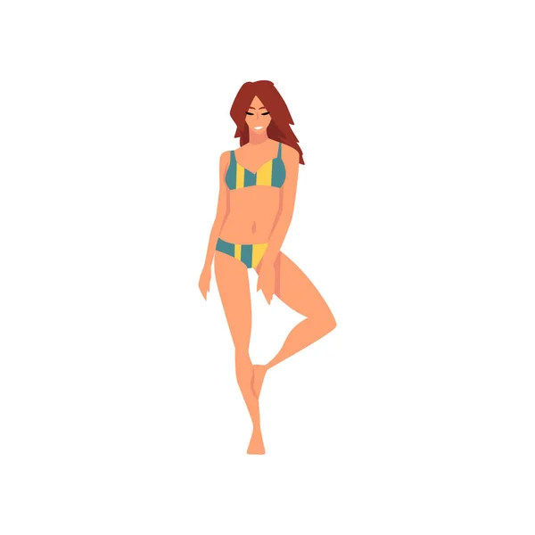 Mooi meisje in zwempak, jonge vrouw dragen kleur badpak genieten van zomer vakantie, zomer mode vector illustratie — Stockvector
