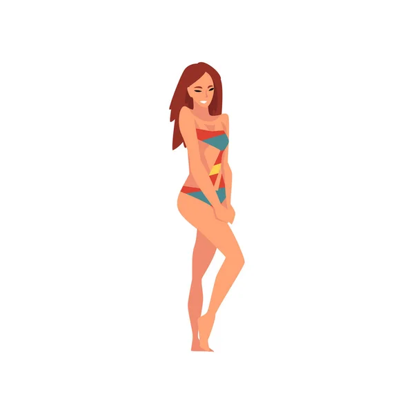 Vacker leende flicka i baddräkt, ung kvinna med långt hår klädd färg baddräkt, sommar mode vektor illustration — Stock vektor