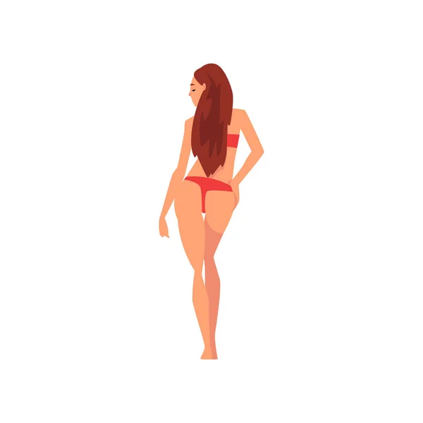 Mooi meisje in rode bikini, jonge vrouw dragen badpak achteraanzicht, zomer mode vector illustratie — Stockvector