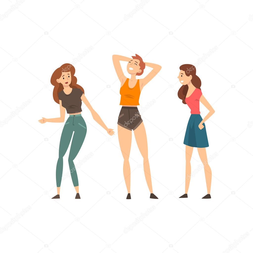 Three Girlfriends, Cute Joyful Friends Having Fun Together, Female Friendship Concept Vector Illustration