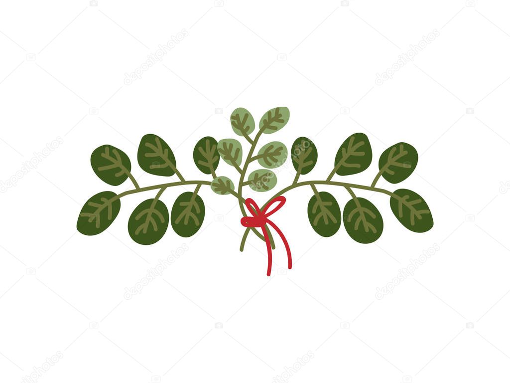 Twigs with Green Leaves Tied with Red Ribbon, Natural Design Element for Wedding Invitation, Save the Date, Greeting Card, Poster, Quote Vector Illustration