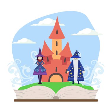 Magic Fairytale Castle, Sihirbaz ve Cadı Vektör İllüstrasyon ile Açılan Kitap