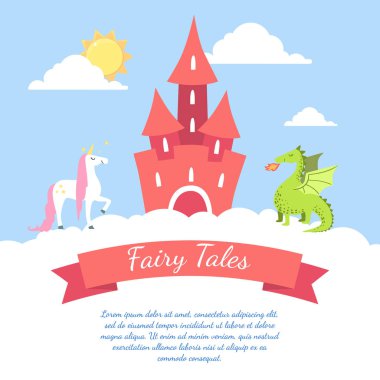 Metin, Sevimli Sihirli Kale, Ejderha ve Unicorn Vektör İllüstrasyon yeri ile Fairy Tales Banner Şablonu