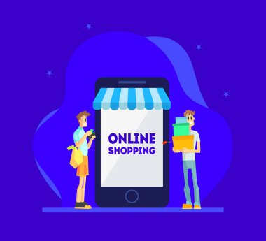 Online Alışveriş Konsepti, Dev Akıllı Telefonun Yanında Duran Erkekler, Mobil Mağaza Vektör İllüstrasyonundan Satın Almak İçin Akıllı Telefon Kullananlar