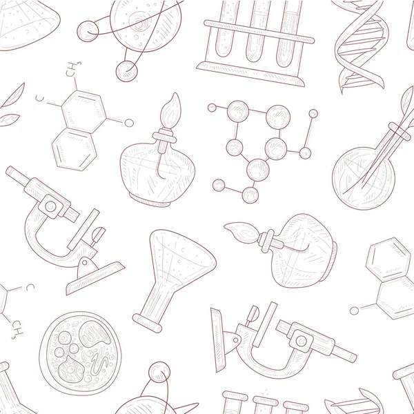 Science Seamless Pattern, Scientific Researches, Medicine, Technology Hand Drawn Vector Illustration - Stok Vektor