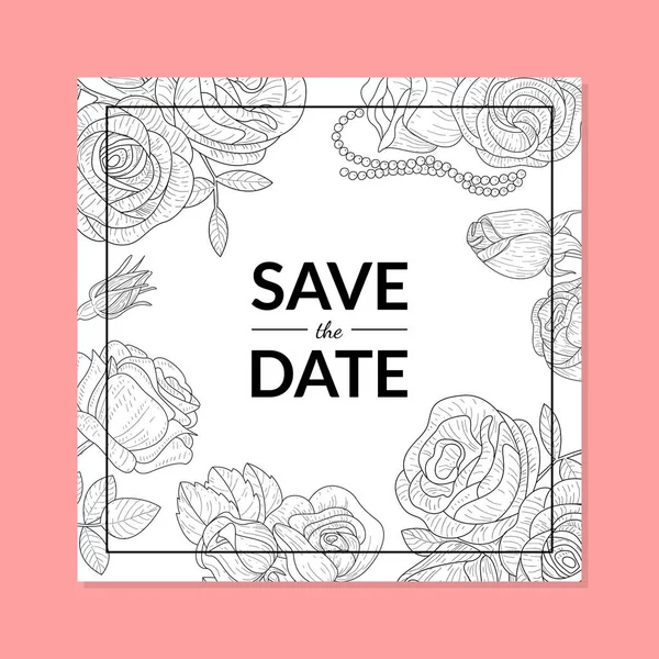 Spara datum inbjudningskort mall med handritade blommor vektor illustration — Stock vektor