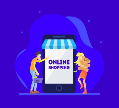 Online Alışveriş Konsepti, Man ve Happy Girl Onların Alımları ile Dev Smartphone Yanında Duran, İnsanlar Mobil Mağaza Vektör İllüstrasyon Satın Almak için Smartphone kullanarak