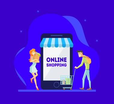 Online Alışveriş Konsepti, Erkek ve Kadın Mobil Mağaza Vektör İllüstrasyon satın almak için Smartphone kullanma