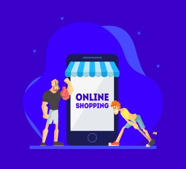 Online Alışveriş Konsepti, Onların Alımları ile Dev Smartphone Yanında Duran Erkekler, Mobil Mağaza Vektör İllüstrasyon Satın Almak için Akıllı Telefon Kullanan İnsanlar
