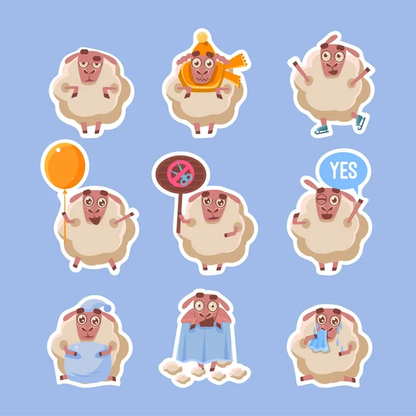 Collectie van schapen stickers, grappige boerderij pluizig dierlijke karakter in verschillende situaties en emoties vector illustratie — Stockvector