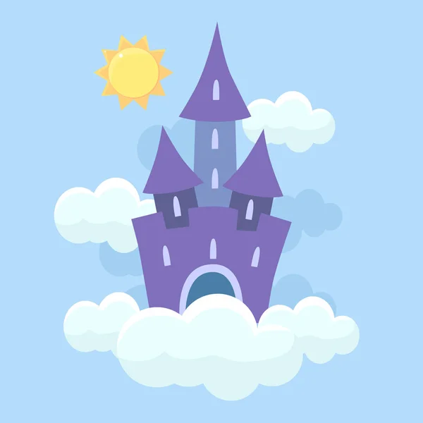 Magic Fantasy Fairytale Castle Flying in Clouds Vector Illustration
