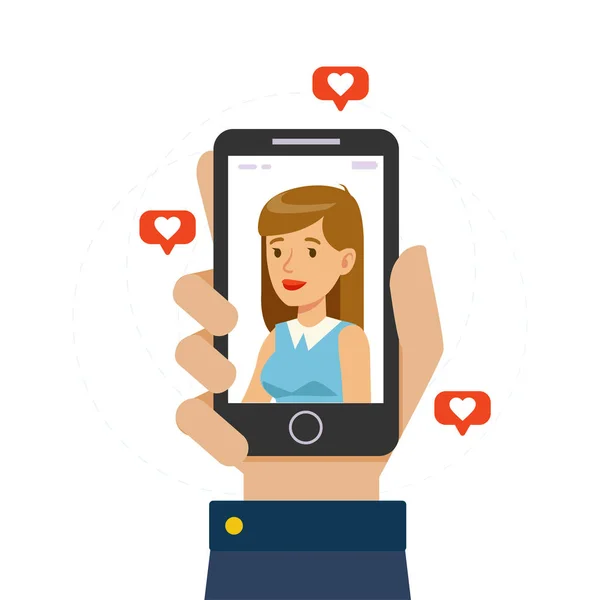 Gyönyörű lány a kijelző smartphone, férfi kéz Holding mobiltelefon barátnője a képernyőn, online dating, távolság kapcsolat Vector illusztráció — Stock Vector