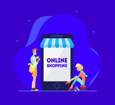 Online Alışveriş Konsepti, Erkek ve Kadın Dev Smartphone Yanında Duran, İnsanlar Mobil Mağaza Vektör İllüstrasyon Satın Almak için Smartphone using