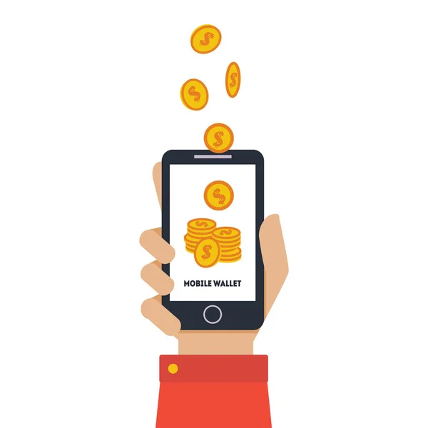Digital mobilplånbok, hand hålla smartphone, trådlös överföring av pengar, människor att skicka och ta emot pengar med mobiltelefon vektor illustration — Stock vektor
