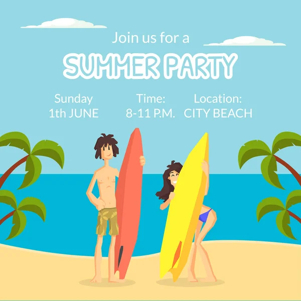夏季派对横幅模板，快乐的人站在热带海滩矢量插图冲浪板 — 图库矢量图片
