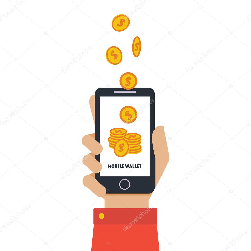 Digital Mobile Wallet, Hand Holding Smartphone, Wireless Money Transfer, People Sending and Receiving Money with Mobile Phone Vector Illustration