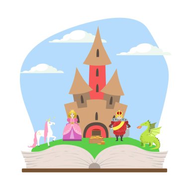 Magic Fairytale Castle, Prens, Prenses, Tekboynuz ve Ejderha Vektör İllüstrasyon ile Açılan Kitap