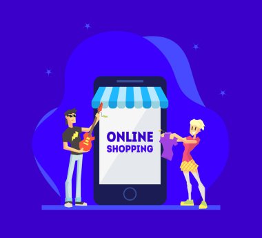 Online Alışveriş Konsepti, Erkek ve Kadın Onların Alımları ile Dev Smartphone Yanında Duran, İnsanlar Mobil Mağaza Vektör İllüstrasyon Satın Almak için Smartphone using