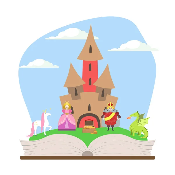 Magic Fairytale Castle, Prens, Prenses, Tekboynuz ve Ejderha Vektör İllüstrasyon ile Açılan Kitap — Stok Vektör