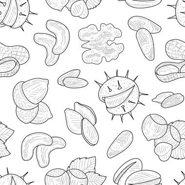 Doğal Fındık ve Tohumlar Dikişsiz Desen El Çizilmiş Monokrom Vektör İllüstrasyon